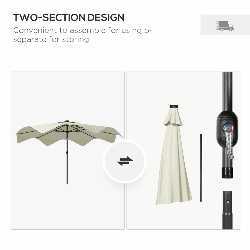 Outsunny Solar Patio Umbrella with LED and Tilt, Outdoor Market Table Umbrella Parasol with Crank, 3 x 3 (m), Cream White