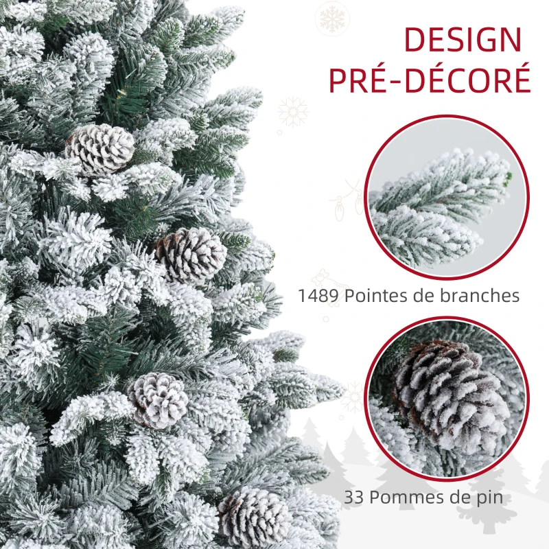 HOMCOM Sapin de Noël artificiel 180 cm Arbre de Noël avec support en métal 1489 branches enneigées, pommes de pin, vert