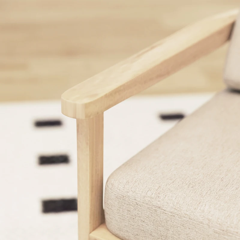 HOMCOM Fauteuil design minimaliste structure bois, 2 coussins amovibles recouvert de tissu effet lin, accoudoirs, beige