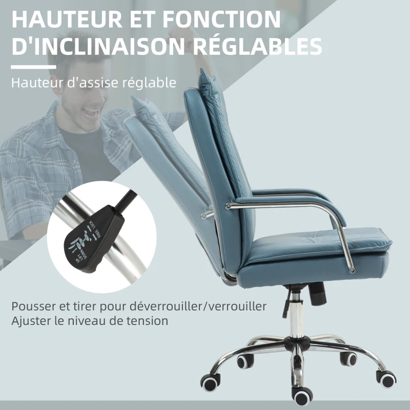 HOMCOM Chaise de bureau fauteuil de bureau hauteur réglable, dossier haut inclinable, accoudoirs et roulettes, bleu