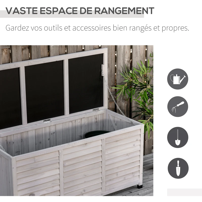 Outsunny Coffre de rangement extérieur malle de rangement en bois 283L 2 chaînes 127 x 56 x 60 cm gris