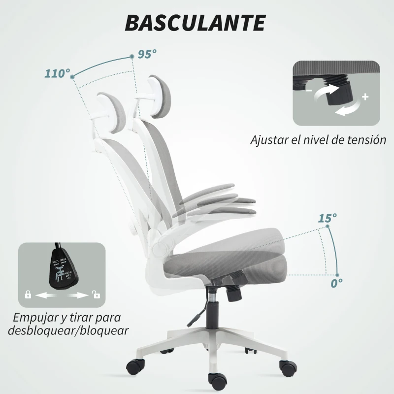 HOMCOM Silla de Escritorio de Malla Transpirable con Altura Ajustable Reposacabezas y Soporte Lumbar Ajustables Gris
