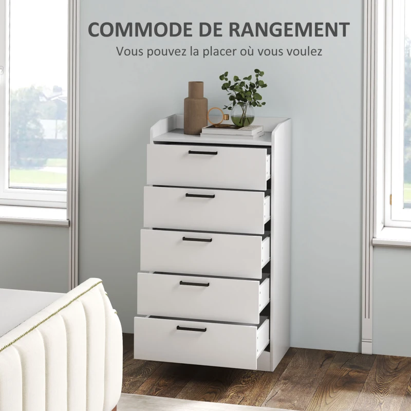 HOMCOM Commode à 5 tiroirs, commode chambre, avec glissières et poignées métalliques, anti-basculement, 60 x 40 x 114 cm, blanc