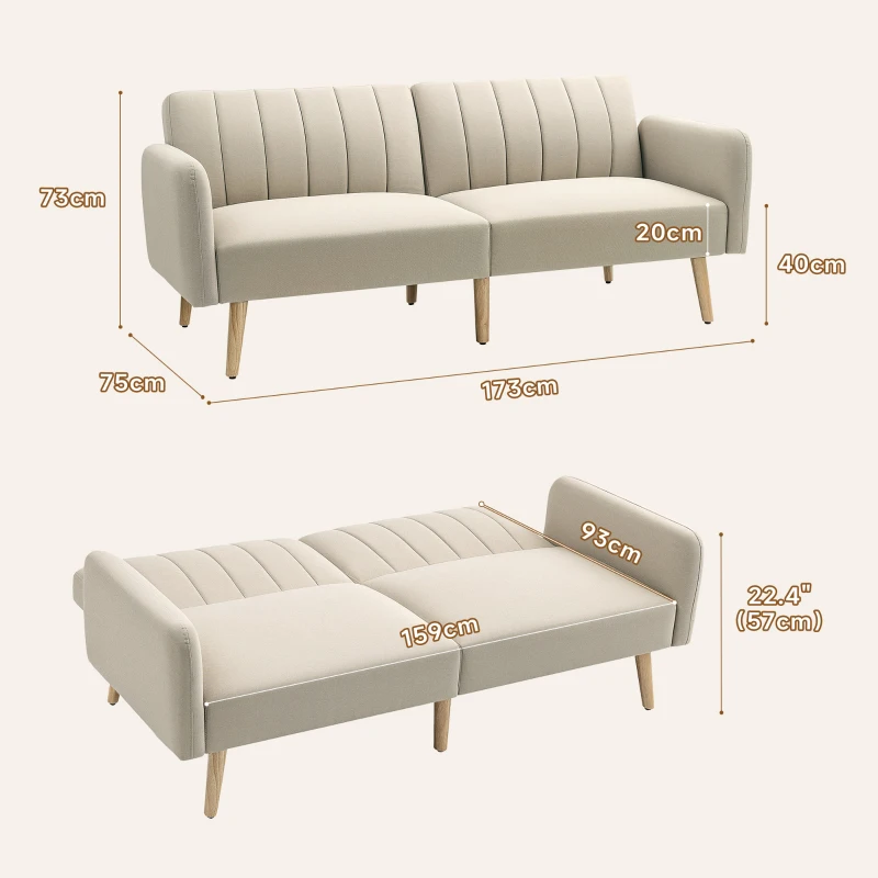 HOMCOM Schlafsofa 2-Sitzer skandinavisches Design, Verstellbare Rückenlehne in 3 Positionen, Holzbeine, Leinenstoff Beige