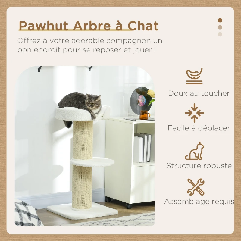 PawHut Arbre à chat avec griffoir centre d'activités 2 plateformes coussin crème