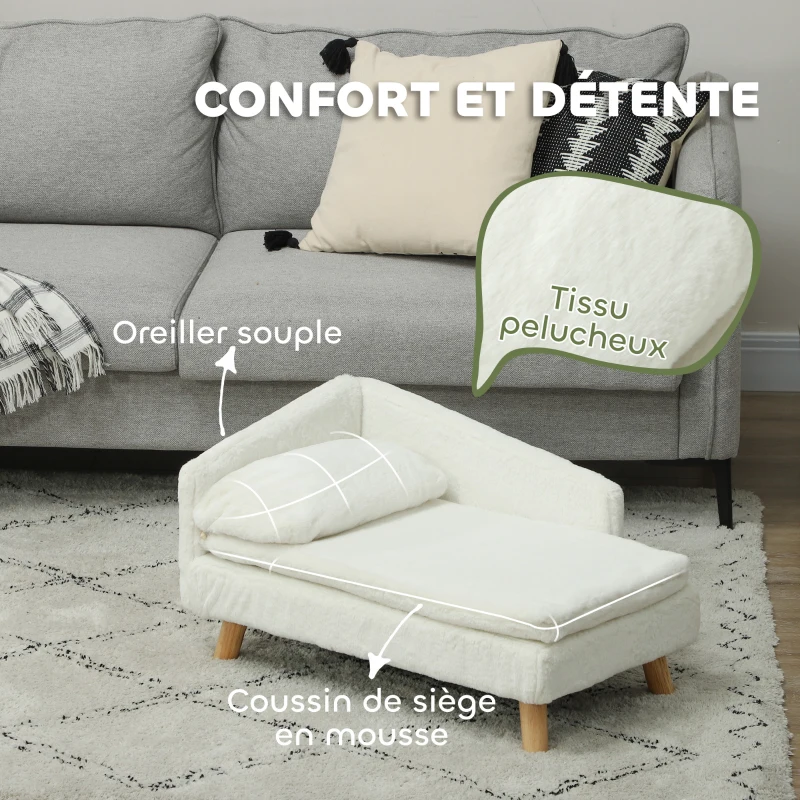 PawHut Canapé pour chien, lit pour chien chat, avec coussin oreiller, en peluche, 70l x 42,5P x 38,5H cm, crème