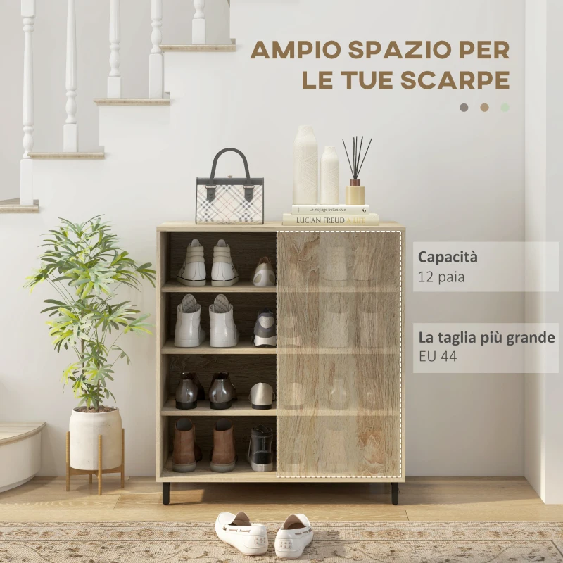 HOMCOM Scarpiera a 4 Livelli in Truciolato e Acciaio con Ripiani Regolabili, max 12 Paia, 80x40x93 cm, Color Legno