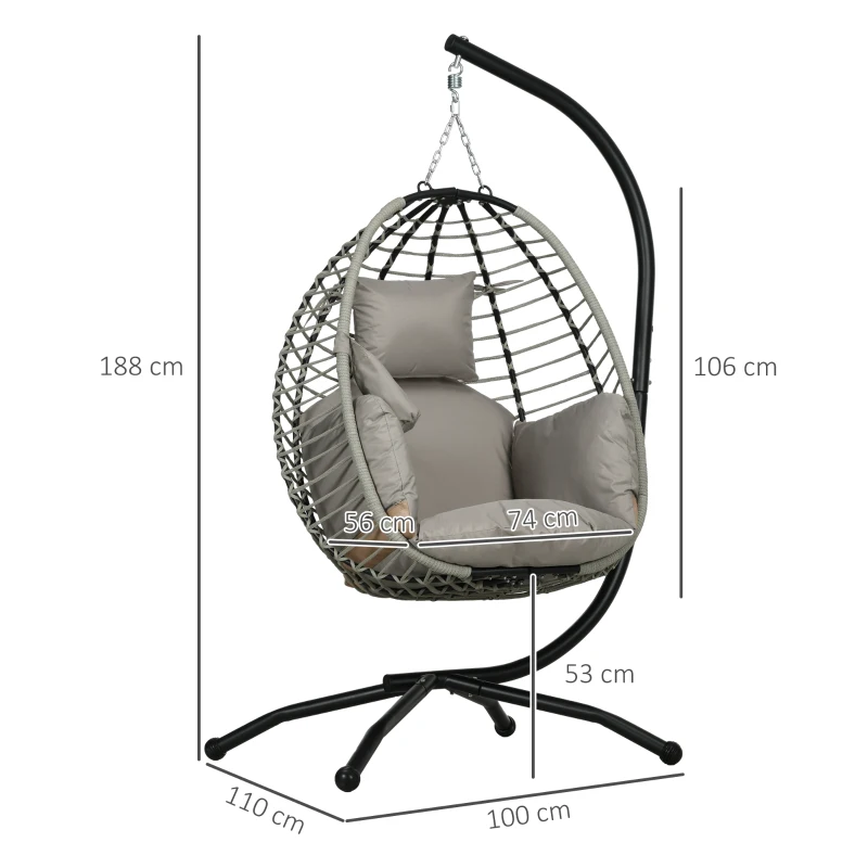 Outsunny Cadeira Supensa com Suporte com Cesta Dobrável Almofada e Apoio para a Cabeça  110x100x188 cm Cinza e Preto