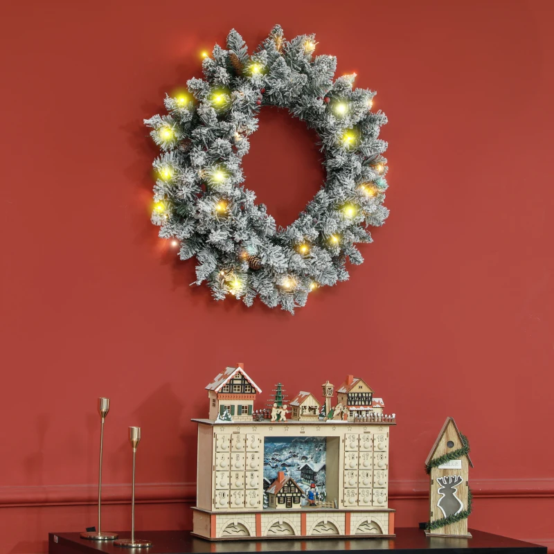 HOMCOM Couronne de Noël porte artificielle 60 CM avec pommes de pin et grappes de baies, lumières LED et minuterie vert
