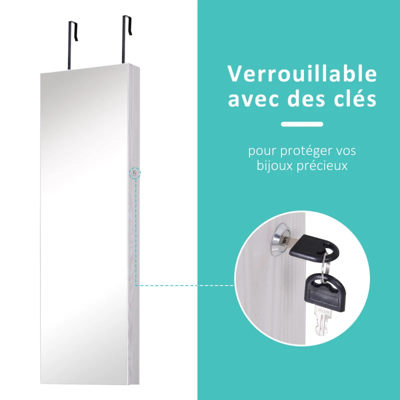 HOMCOM Armoire à bijoux suspendue au mur ou à la porte avec miroir, LED, 5 étagères, 2 tiroirs, 37x10x120cm, effet bois grisé