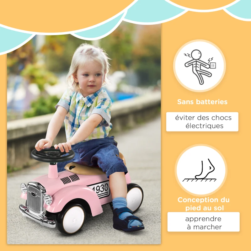 AIYAPLAY Porteur enfants voiture véhicule à pousser multi-équipée 12-36 mois coffre klaxon style vintage rose(m-7)