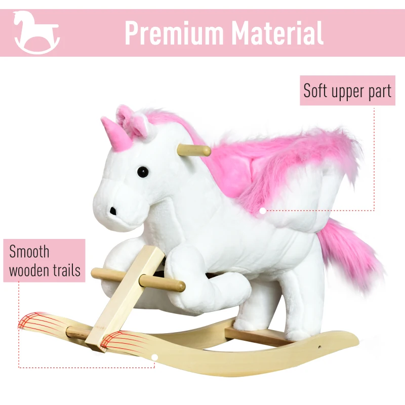 HOMCOM Kids Rocking Horse Toy, Plush Unicorn Rocker Seat with Wood Base and Music, for 1.5-3 Years