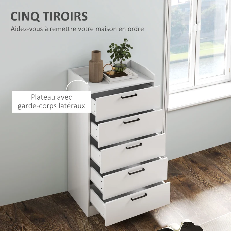 HOMCOM Commode à 5 tiroirs, commode chambre, avec glissières et poignées métalliques, anti-basculement, 60 x 40 x 114 cm, blanc