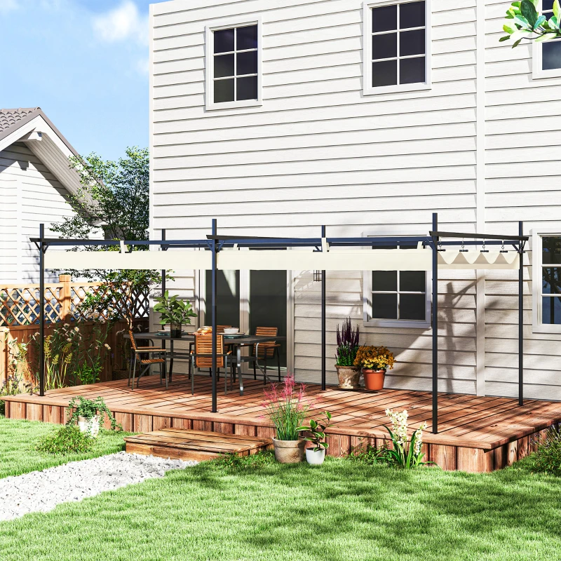 Outsunny Pérgola con Techo Retráctil 6x3 m Cenador con Tela de Poliéster Anti-UV Resistente al Agua Crema