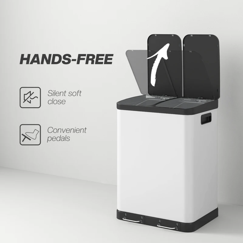 HOMCOM 60L White Kitchen Trash Can with Pedal, Stainless Steel, 2 Compartments, Soft-Close Lid