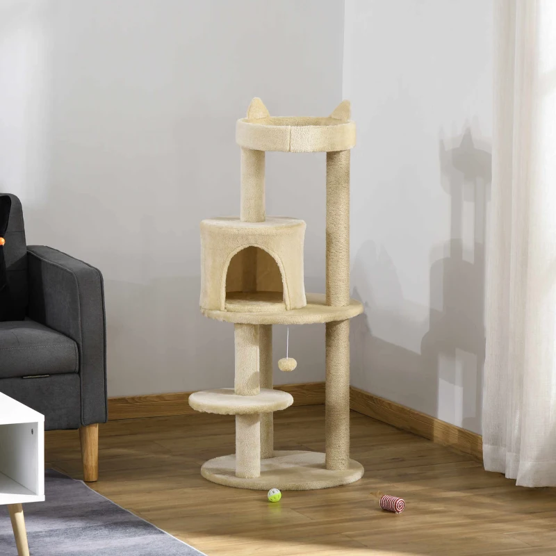 PawHut Arbre à chats multi-équipements griffoirs grattoirs plateformes niche jeu boule suspendue Ø 48 x 104H cm crème
