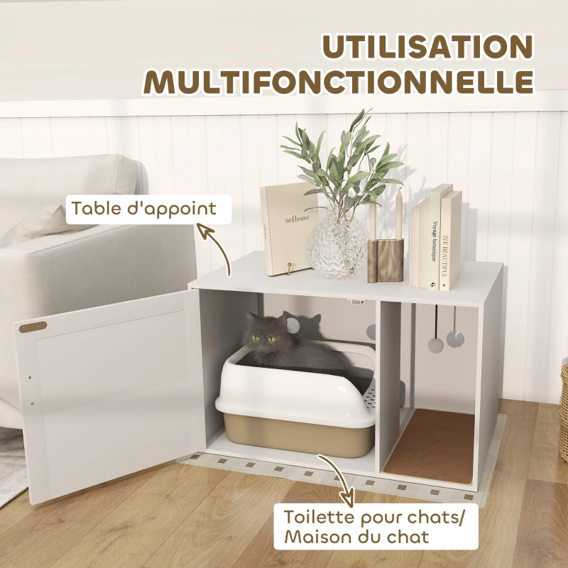 PawHut Maison de toilette chat meuble litière pour chat tapis griffoir porte avec poignées style bohème 80 x 50 x 50 cm blanc