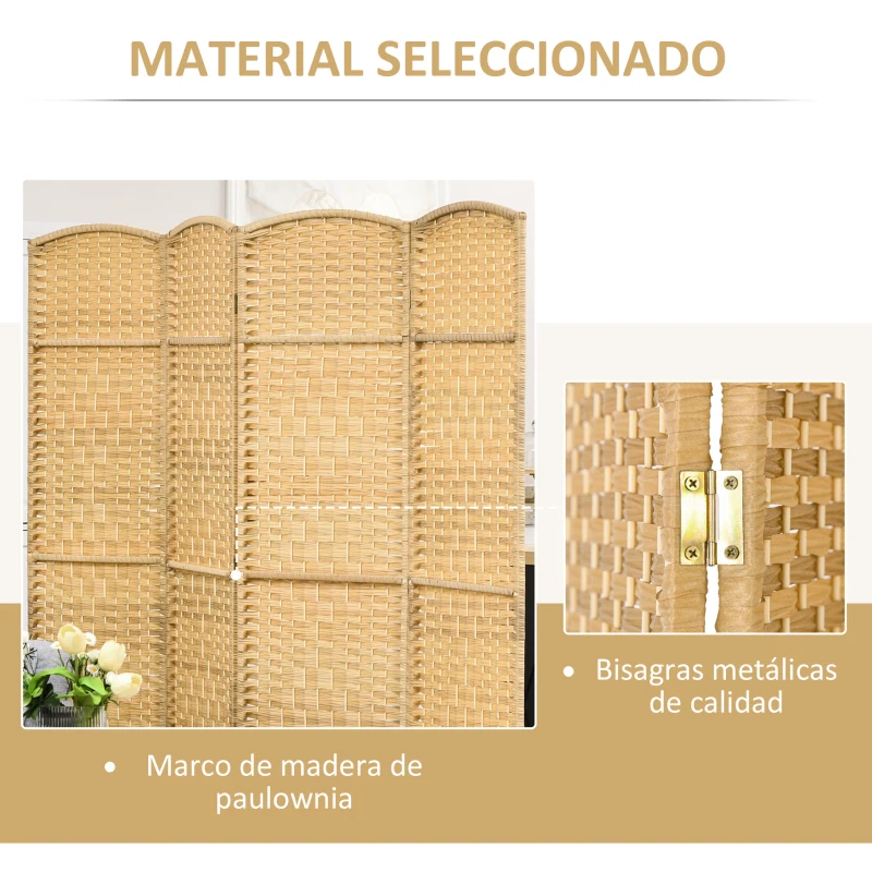 HOMCOM Separador de Ambientes de 4 Paneles Biombo Plegable 180x180 cm Pantalla de Privacidad de Polipropileno Natural