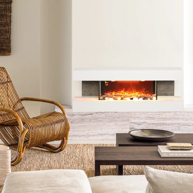 HOMCOM Cheminée électrique 120 cm murale, cadre en verre, effet de flamme LED réglable, télécommande, 2000W