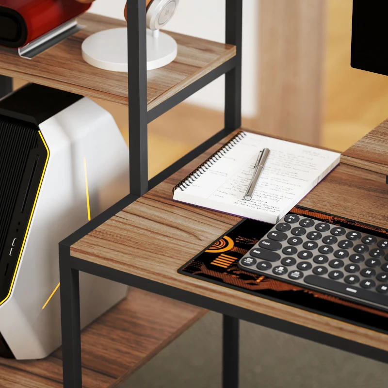 HOMCOM Bureau d'ordinateur avec Rehausseur de Moniteur, Bureau avec Étagère à Quatre Niveaux, Design Industriel, Braun