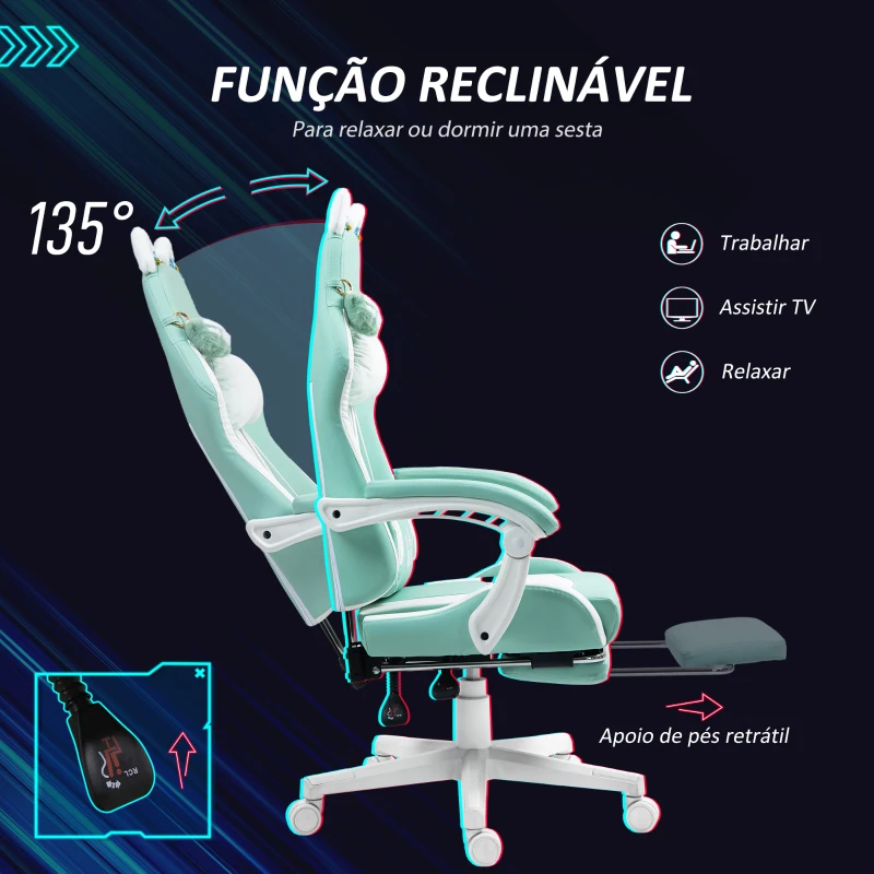 HOMCOM Cadeira Gaming com Orelhas Cadeira Gamer Reclinável com Altura Ajustável e Suporte Lombar 65x62x116-124 cm Azul Claro