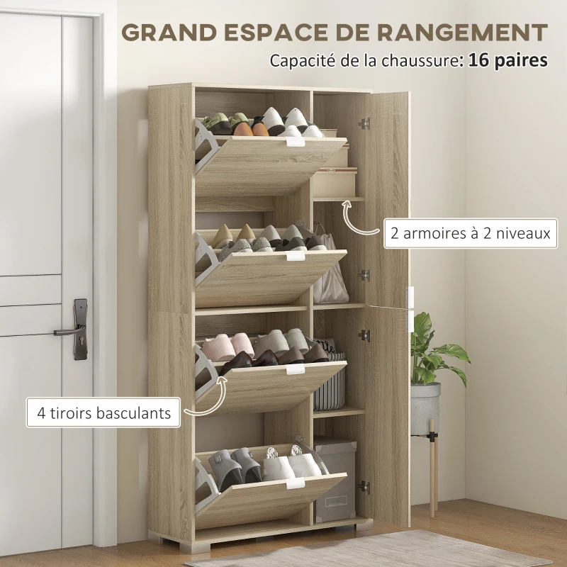 HOMCOM Meuble à chaussures avec 4 abattants, 2 placards et façades miroir pour 16 paires de chaussures, meuble d'entrée