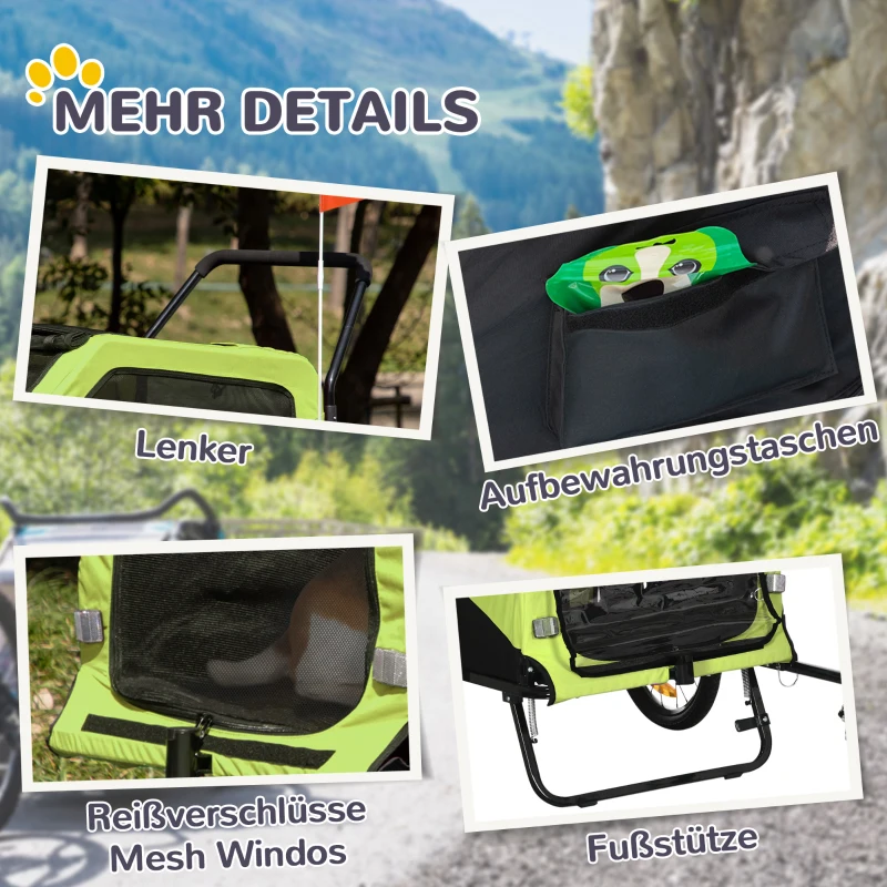 PawHut Hundeanhänger 2 en 1, Fonction poussette, 2 entrées, Fenêtre en filet, Pare-soleil, Cadre en acier, vert, 170 x 77 x 90 cm