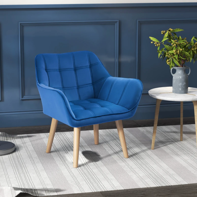 HOMCOM Polstersessel, Akzentsessel, Skandi Design, Samtoptik, bis 120 kg, Kautschukholzbeine, Blau