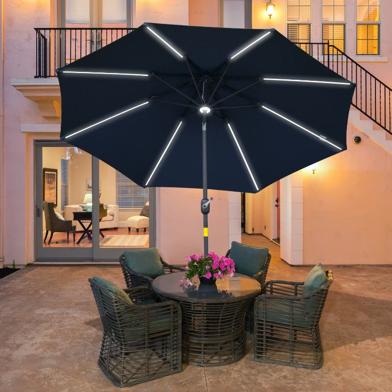Outsunny 2.7m Garden Parasol Sun Umbrella w/ LED Solar Light Angled Canopy Blue