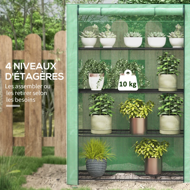 Outsunny Mini serre de jardin à 4 étages avec bâche PE renforcée, porte enroulable et étagères 120 x 50 x 170 cm, vert