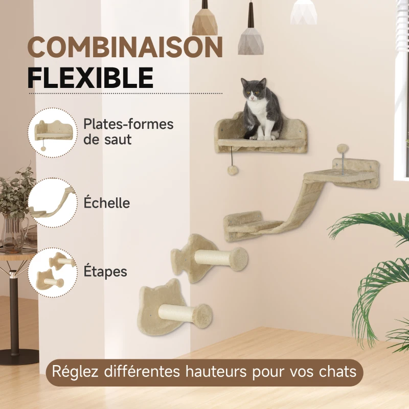 PawHut Étagères murales pour chat complet 4 pièces avec marches échelle plates-formes de saut griffoirs boule de jouet, gris