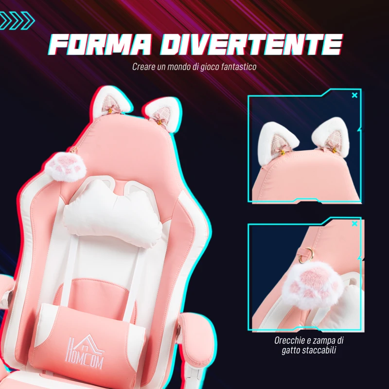 HOMCOM Sedia da Gaming Ergonomica con Orecchie da Gatto, Poggiapiedi, Supporto Lombare e Cervicale, Rosa