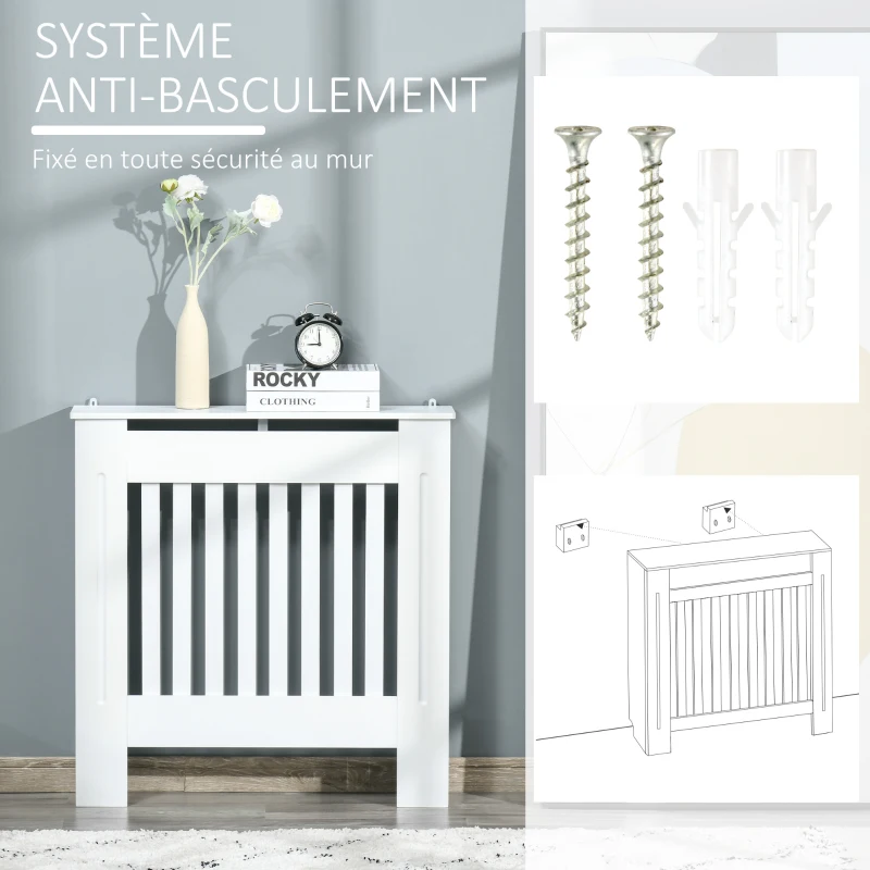 HOMCOM Cache-radiateur couverture radiateur grille d'aération verticale à lattes 78L x 19l x 81H cm en bois Blanc