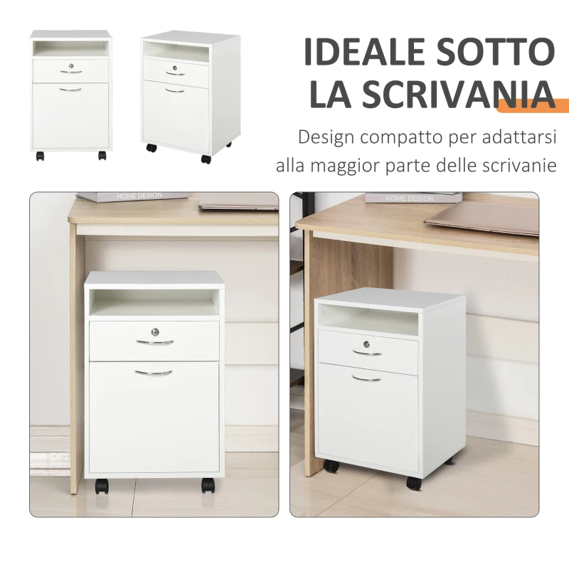 HOMCOM Schedario da Ufficio con Cassetto, Ruote a Freno e Ripiano Aperto, Cassettiera Ufficio con Serratura e 2 Chiavi per Lettera/Legale/Formato A4, Armadietto per Studio, 40x35x60cm, Bianco