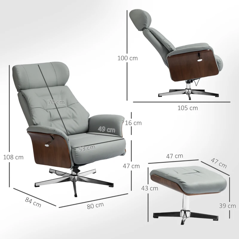 HOMCOM Fauteuil Relax avec Repose-Pieds, Fonction d'Inclinaison, Pivotant, Similicuir, jusqu'à 150 kg, Gris Clair