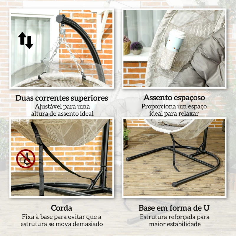 Outsunny Cadeira Suspensa com Suporte Cesto Dobrável de Malha Dupla com Almofada e Apoio para Copos 106x114x178 cm Areia e Preto