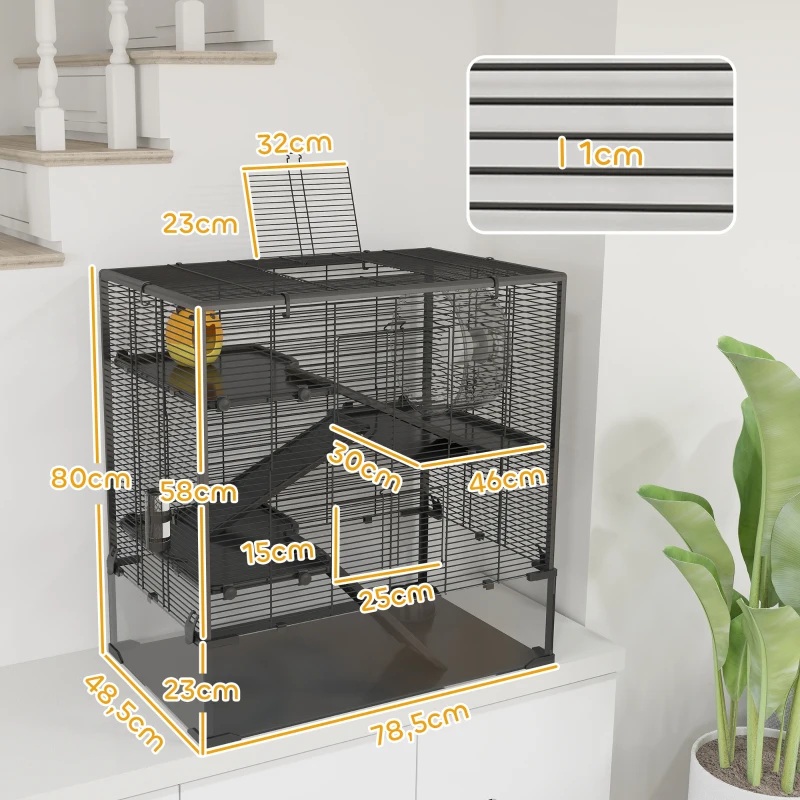 PawHut Cage pour hamster avec fond en verre, cage pour hamsters nains à quatre niveaux avec cabane et accessoires, 78,5L x 48,5l x 80H cm, Noir