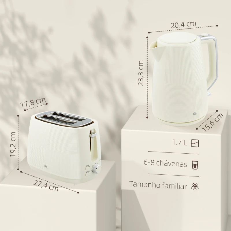 HOMCOM Conjunto de Torradeira e Jarro de Água Elétrico de Aço Inoxidável 2200W 1,7L Torradeira de Pão 2 Fatias 3 Funções Creme