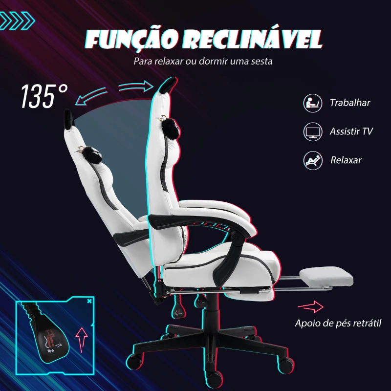 HOMCOM Cadeira Gaming com Orelhas Cadeira Gamer Reclinável com Altura Ajustável e Suporte Lombar 65x62x116-124 cm Branco