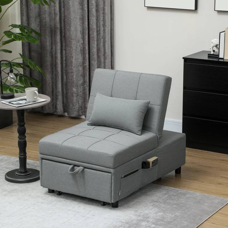 HOMCOM Fauteuil pliant 3-en-1 avec poche latérale, lit d'appoint avec coussin, dossier réglable, fauteuil-lit avec roulettes, Gris clair