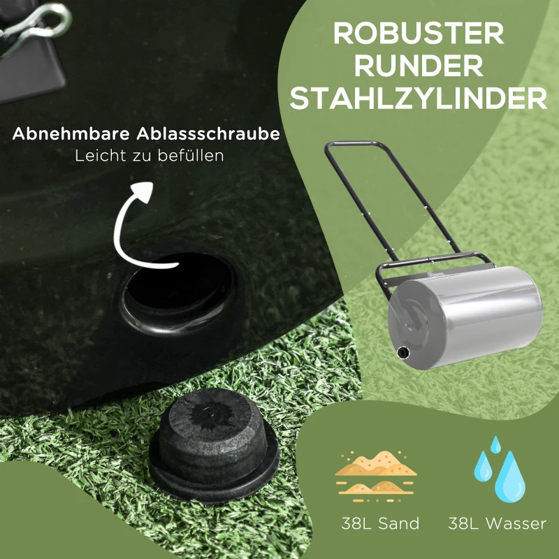 Outsunny Rasenwalze mit U-Griff, Gartenwalze, Gartenrolle, 32 cm Durchmesser, 38 L Wasser-/62 kg Sand, Metall, Schwarz, 58 x 32,5 x 113 cm