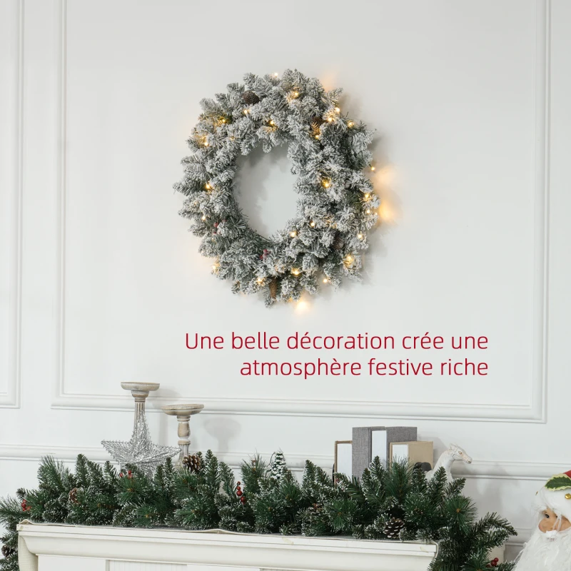 HOMCOM Couronne de Noël porte artificielle 60 CM avec pommes de pin et grappes de baies, lumières LED et minuterie vert