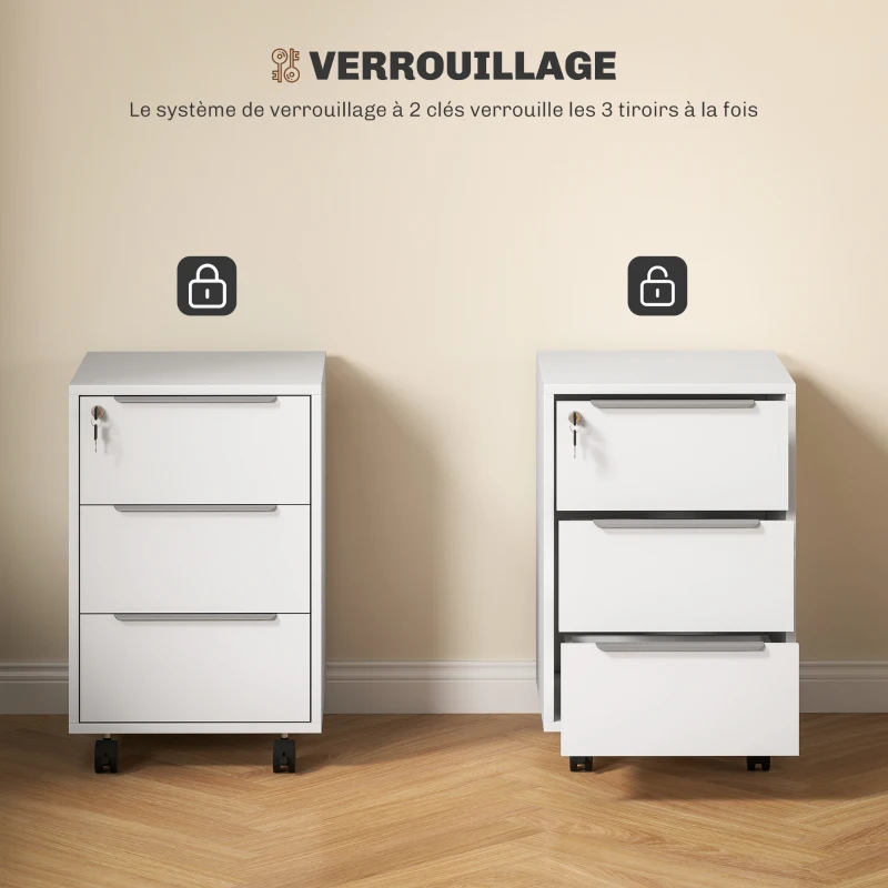 HOMCOM Caisson de bureau à roulettes avec 3 tiroirs et serrure pour dossiers 40 x 40 x 63,5 cm blanc