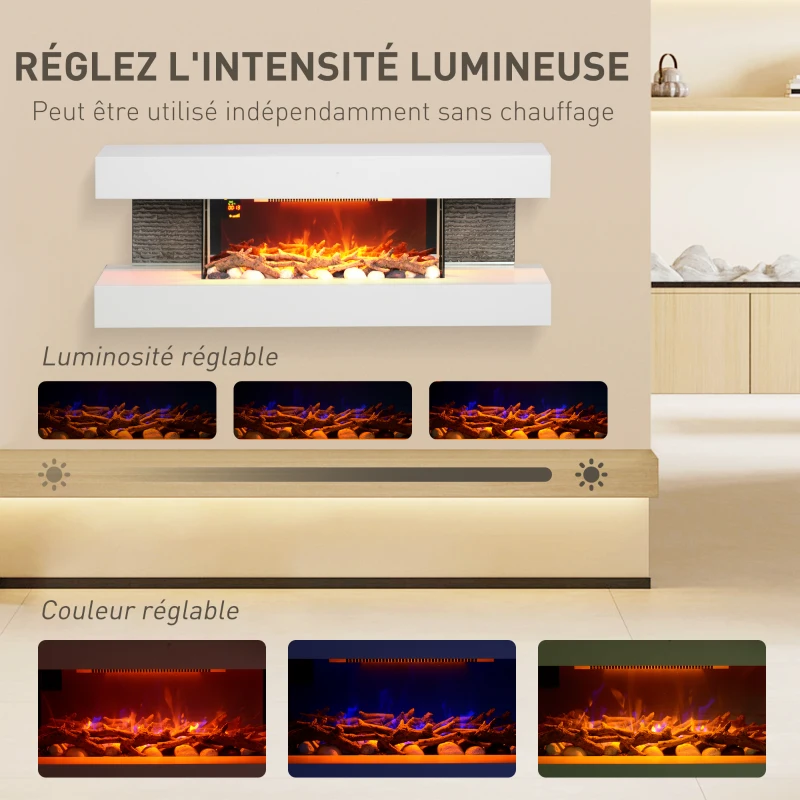 HOMCOM Cheminée électrique 120 cm murale, cadre en verre, effet de flamme LED réglable, télécommande, 2000W