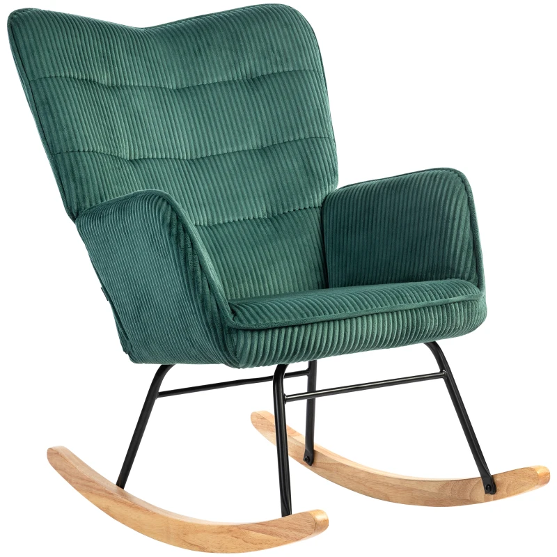 HOMCOM Chaise à Bascule, Patins en Hêtre, Rembourrage Épais, Vert Foncé, Capacité de 120 kg