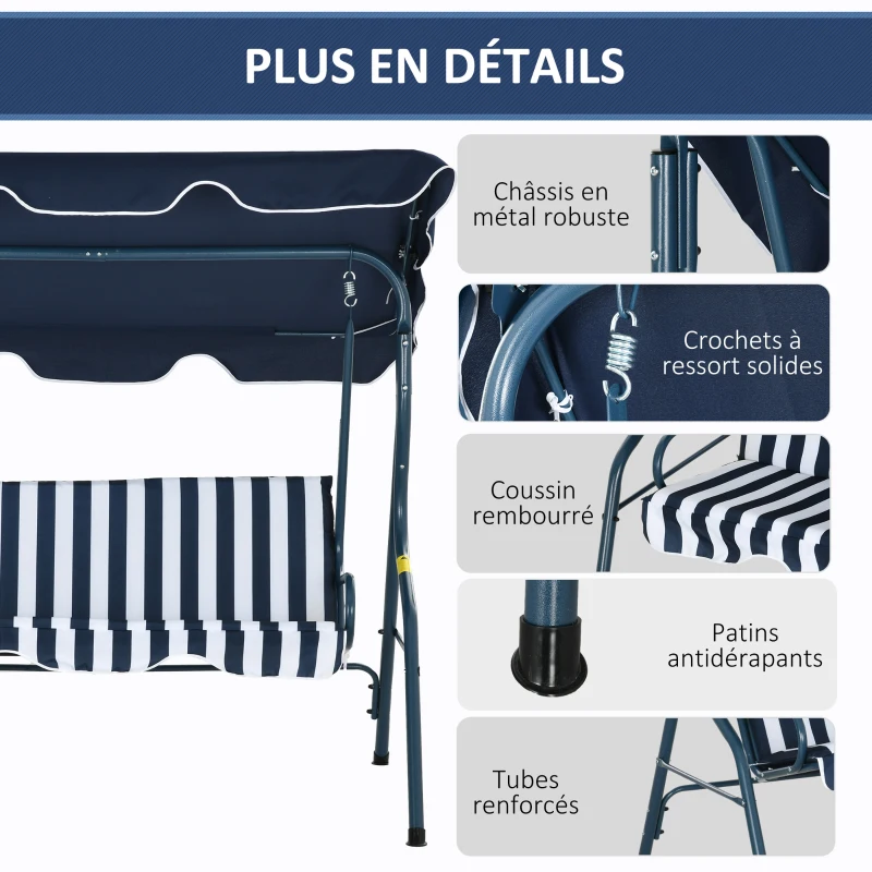 Outsunny Balancelle de Jardin 3 Places Toit imperméabilisé Inclinaison réglable Coussins Assise Dossier Bleu Blanc rayé