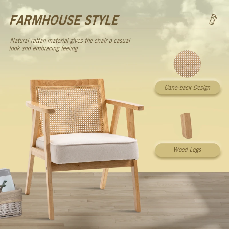 HOMCOM Comfortable Lounge Chair Rattan Chair with Thick Cushion - Rattan Backrest - Deep Seat - Hevea Wood Frame Linen-Look Beige