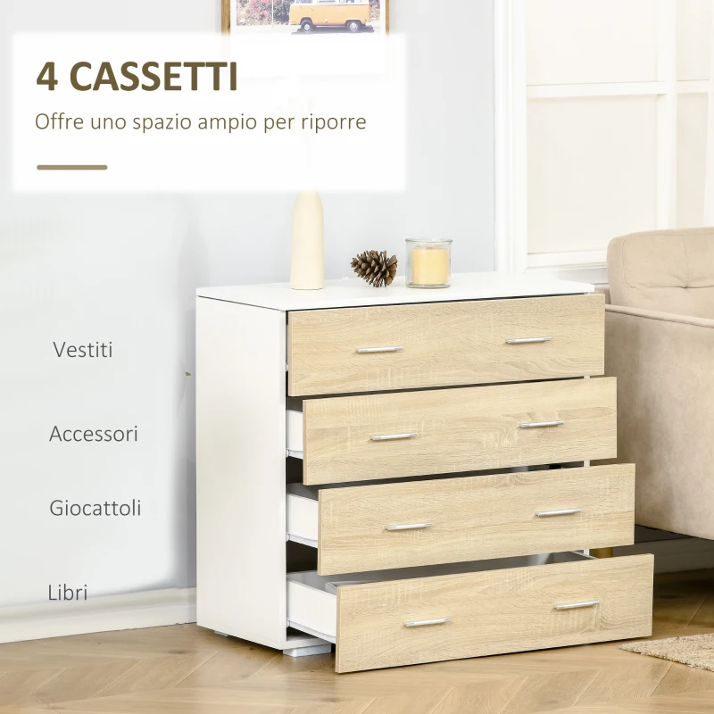 HOMCOM Cassettiera 4 Cassetti in Legno e Maniglie in Alluminio, 76x35x72cm, Bianco e Rovere