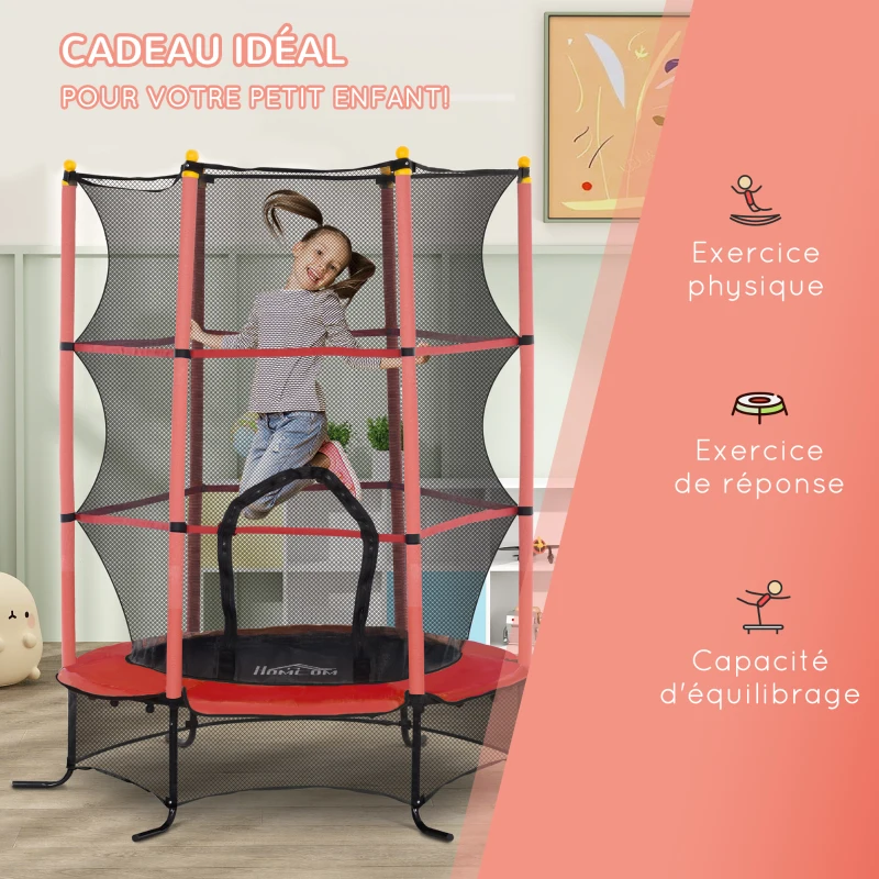 HOMCOM Trampoline Enfant Ø 1,63 × 1,9H m Filet de sécurité Porte zipée Couvre-Ressorts 6 poteaux rembourrés Inclus Rouge