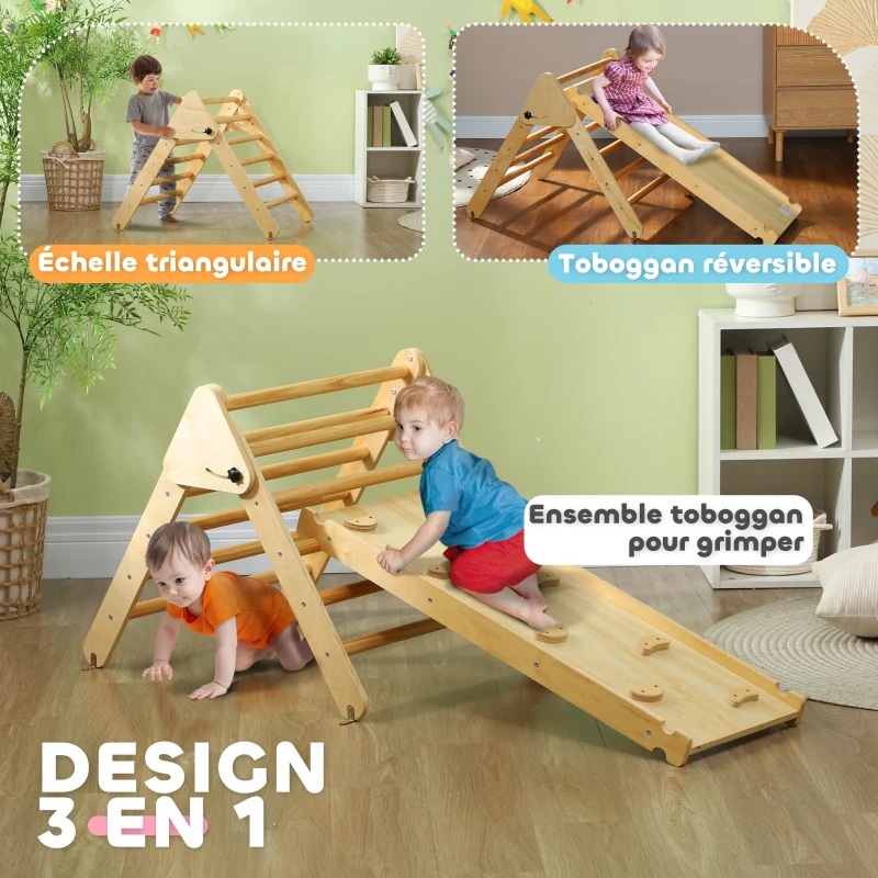 AIYAPLAY Triangle d'escalade, 3 en 1 en bois pour grimper et glisser, charge max. 50 kg, pour 18-48 mois, bois naturel